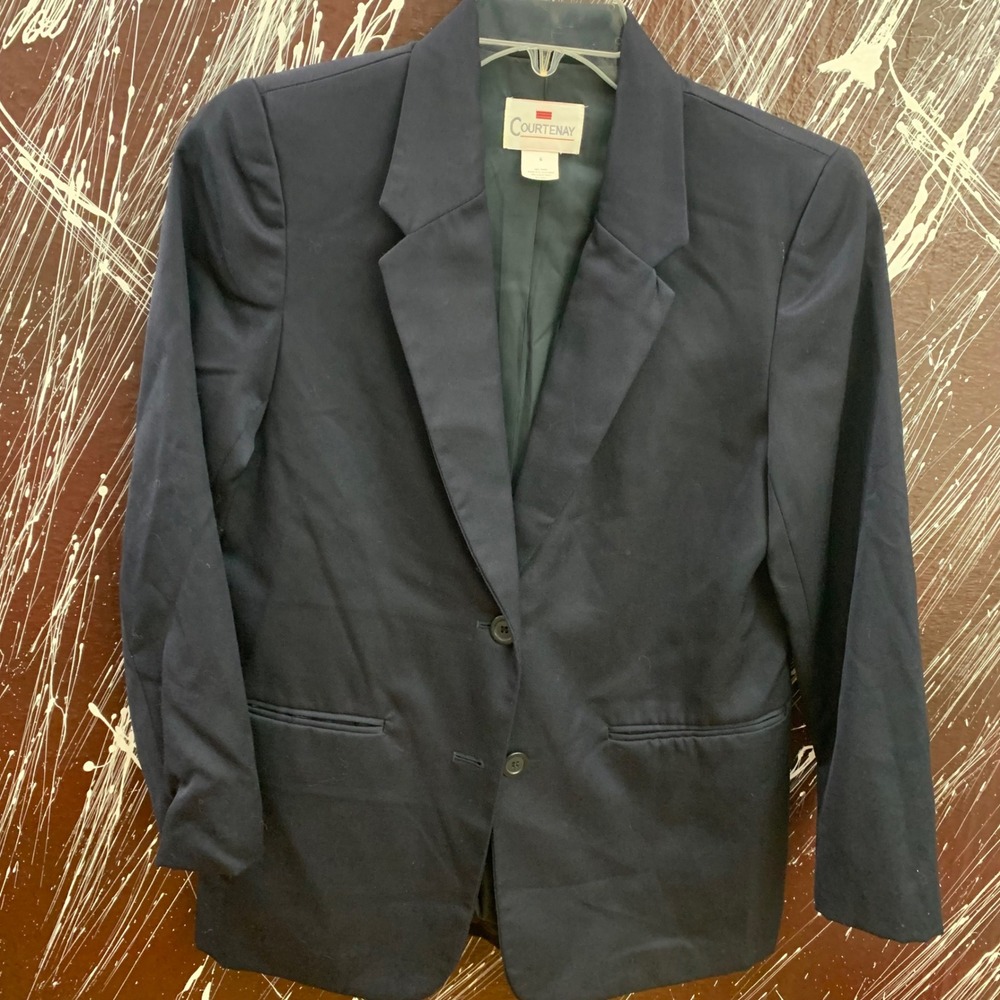Courtenay Vintage Navy Blue 100% Wool Blazer Jacket with Shoulder Pads Size 6
